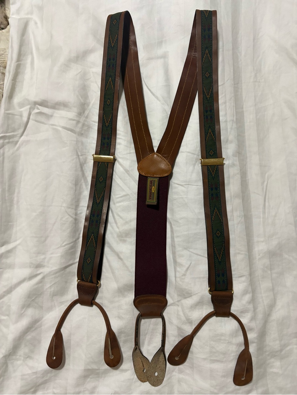 Trafalgar Brown Leather and Burgundy Elastic Suspenders with Brass Hardware